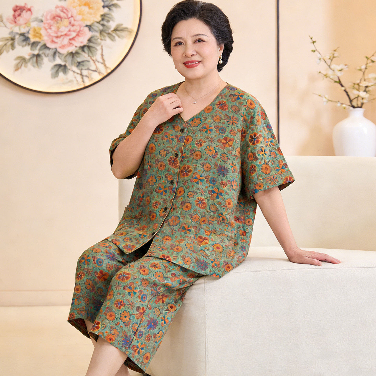 200斤大码女装妈妈加肥加大睡衣可外穿夏纯棉双层纱家居服中老年