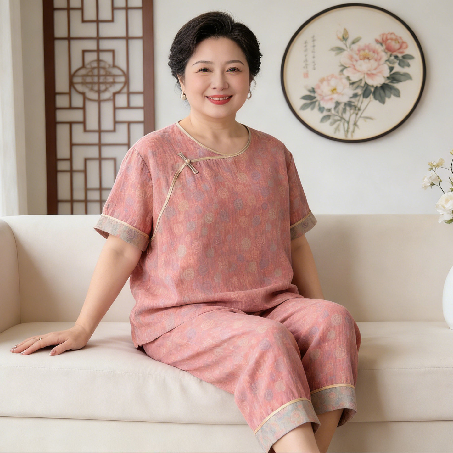 新中式大码纯棉睡衣女200斤中老年妈妈夏季双层棉纱家居服老年人