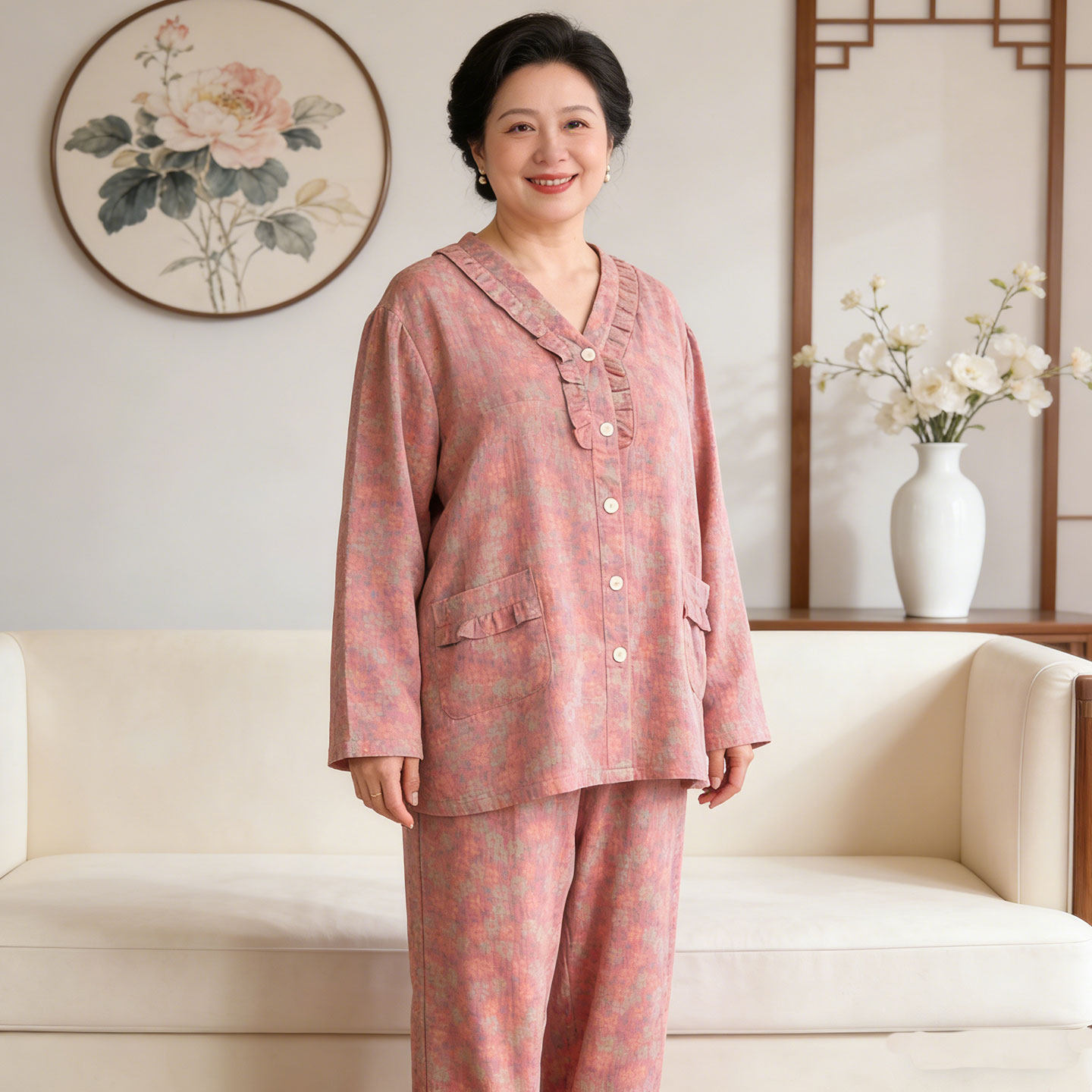 双层棉纱大码女装妈妈加肥加大睡衣200斤中老年纯棉家居服春秋季