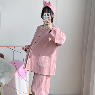 胖妹妹大码 宽松家居服薄绒珊瑚绒 睡衣女200斤秋冬德绒月子服开衫
