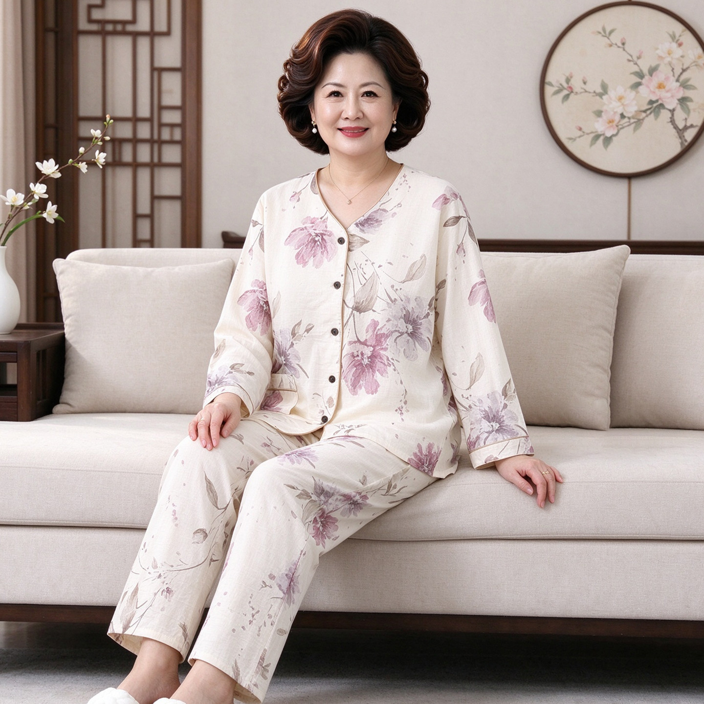 棉麻中年妈妈睡衣大码女装加肥加大200斤中老年宽松家居服春秋款