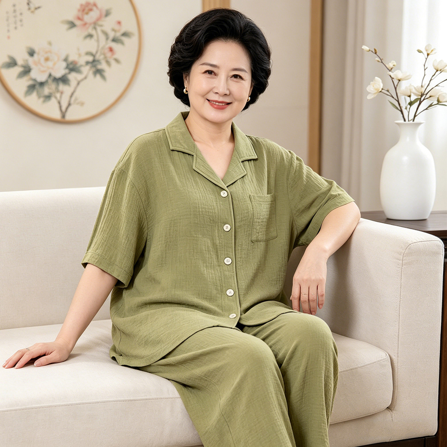 二百斤大码纯棉睡衣女夏季棉纱中老年妈妈宽松家居服200斤老年人