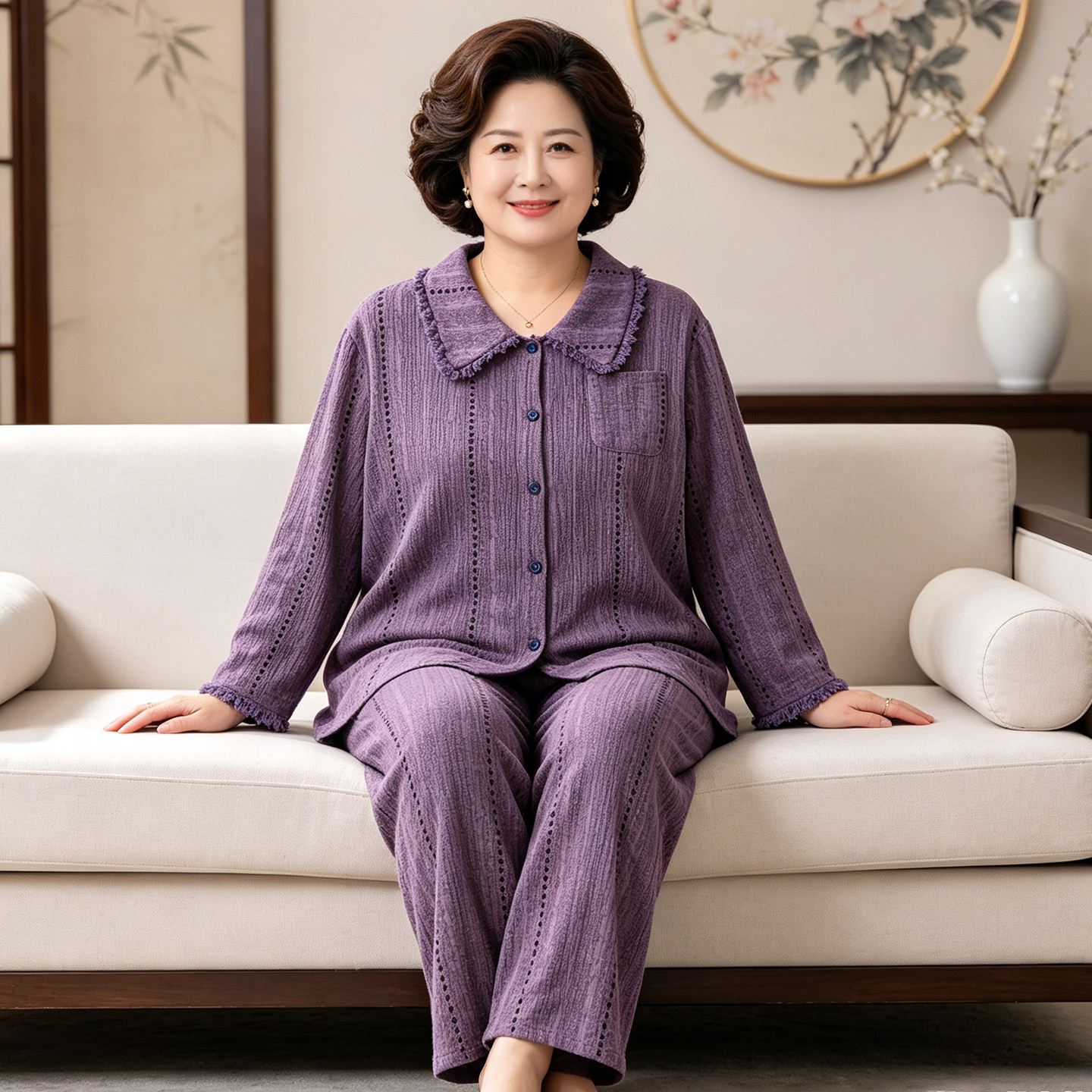 棉纱春秋大码女装妈妈加肥加大睡衣纯棉双层纱家居服200斤中老年