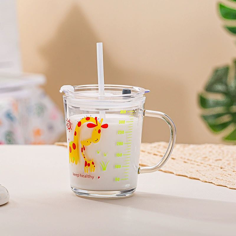 刻度吸管玻璃杯子加厚耐热儿童牛奶杯带盖透明大容量可微波水杯