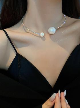 气质女神轻奢满钻珍珠开口项圈网红小众设计感项链性感锁骨链颈圈