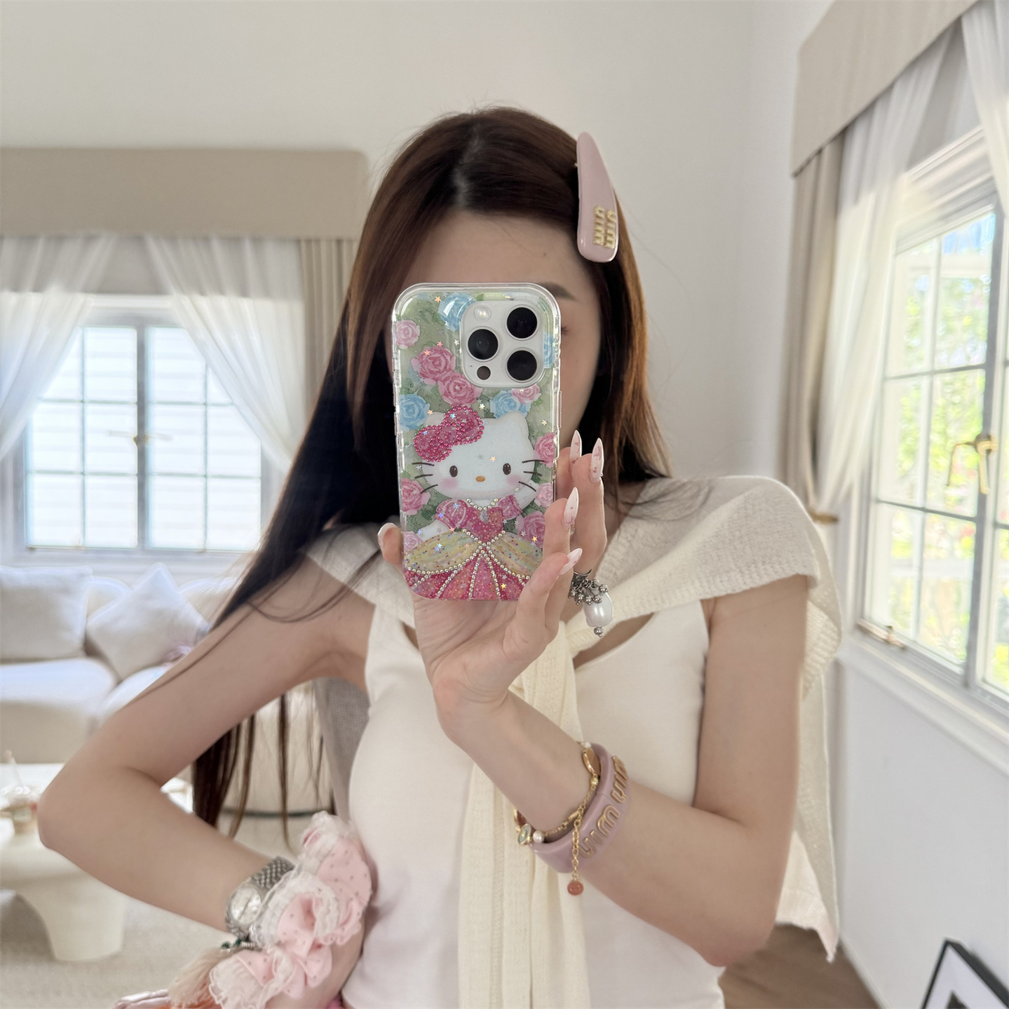 千金风闪钻油画玫瑰花Kitty公主适用苹果16pro手机壳iPhone15女生高颜值14可爱13保护套华为mate60/pura70pro