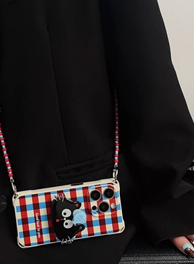 复古红蓝撞色格子猫咪适用于华为pura70/80手机壳mate40支架60pro四角开孔nova13挂绳14手腕12斜挎7/11防摔50