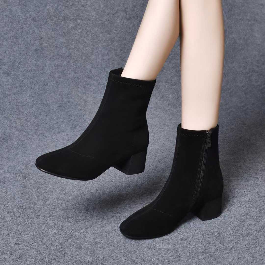 新款女鞋瘦瘦短靴女秋冬季短筒二棉低跟粗跟圆头加绒马丁靴1109h