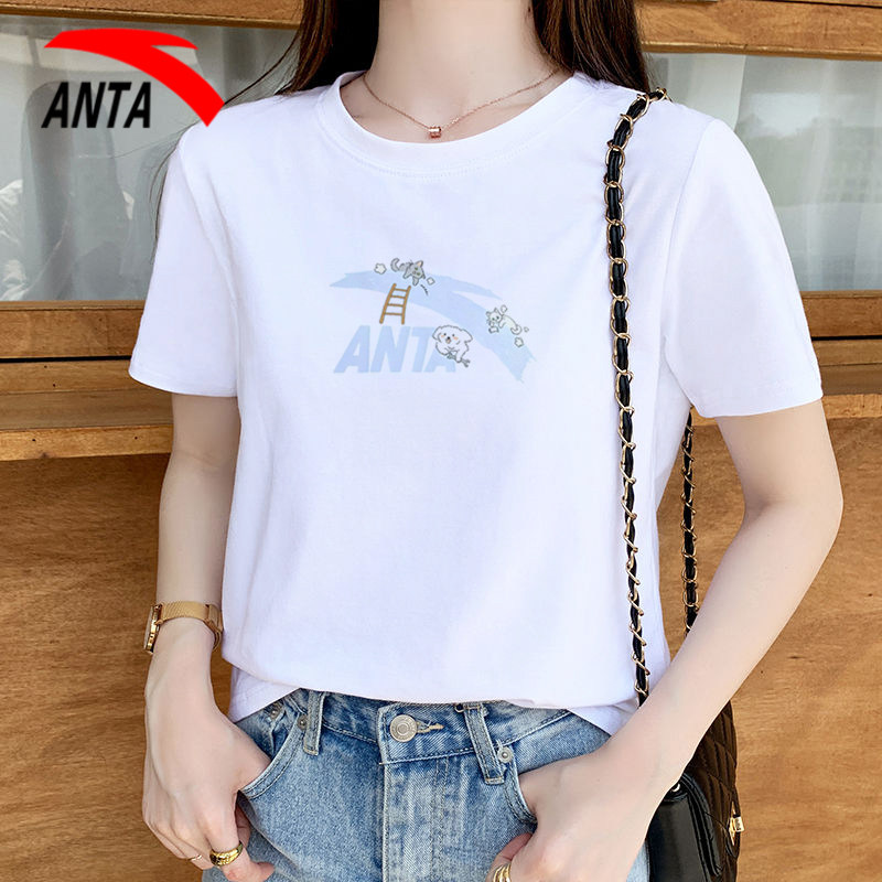 安踏女装短袖T恤春季透气半袖上衣圆领白色夏装休闲上衣短T运动服