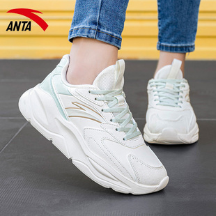 安踏不羁女鞋皮面运动鞋2026春季新款女士软底增高缓震回弹跑步鞋