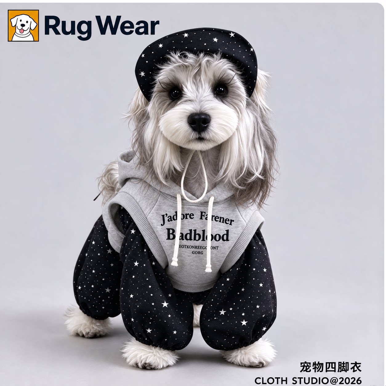 Rug萌宠学院风狗狗连帽卫衣冬季加厚宠物服装猫狗通用户外四脚衣