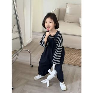 女童套装2025新款儿童休闲洋气时髦条纹长袖T恤春秋装牛仔背带裤