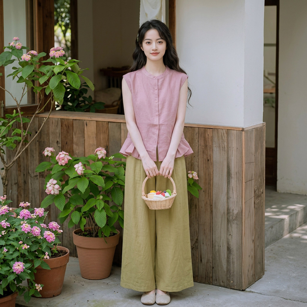 千金衣橱【俏皮荷叶】新中式100%苎麻马甲女夏季无袖衬衫