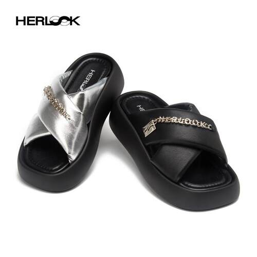 HERLOOK字母交叉带外穿韩版泡芙厚底拖鞋女夏时尚踩屎感增高鞋
