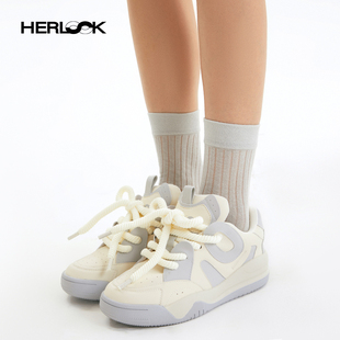 HERLOOK黑白熊猫面包鞋女美式复古百搭小众设计超火增高厚底板鞋