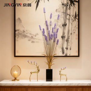 入户玄关紫水晶麦穗摆件轻奢高端壁龛细长竖高黄铜福鹿艺术装饰品