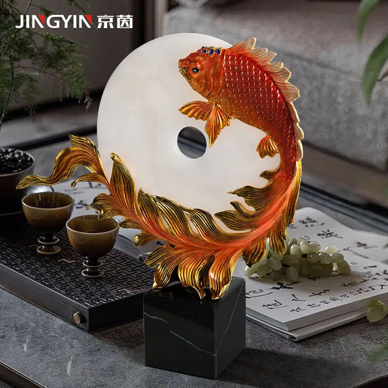 年年有余锦鲤鱼摆件平安扣玉石客厅酒柜玄关装饰品乔迁新居寓意好