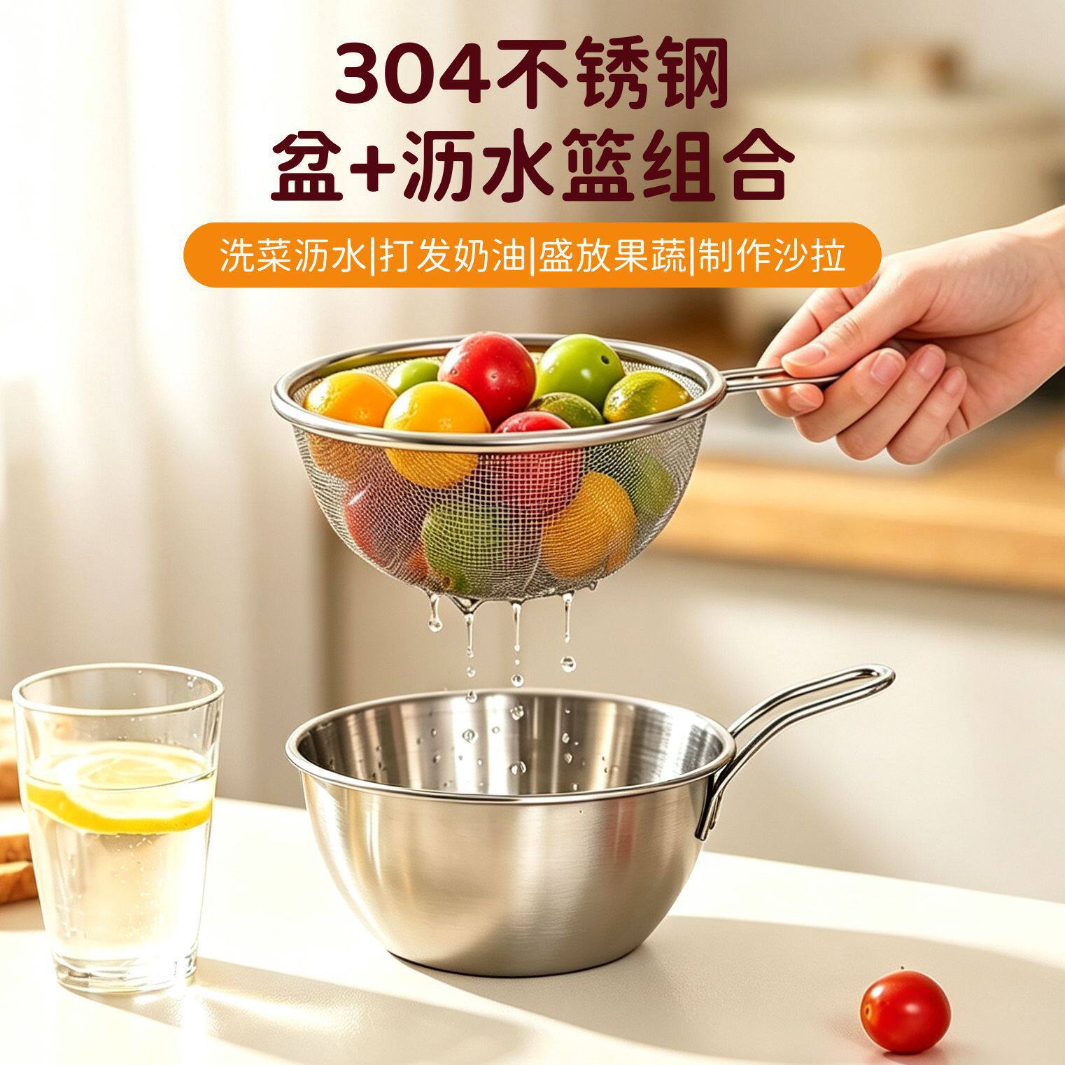 304不锈钢沙拉料理盆迷你沥水篮