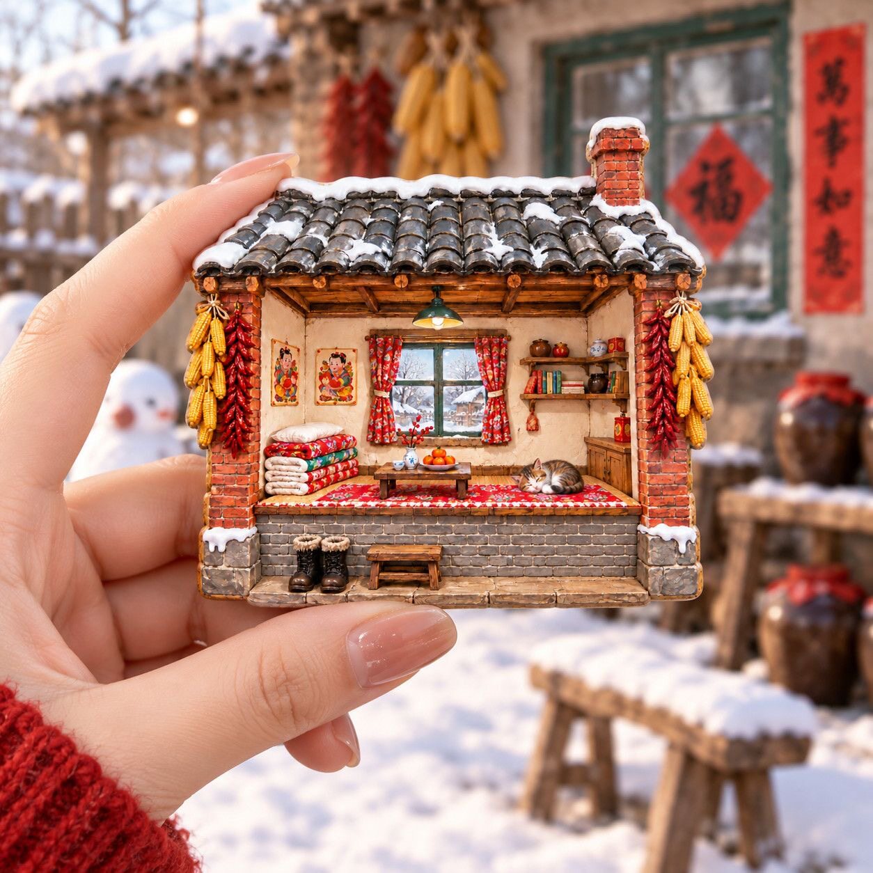 东北小院树脂浮雕磁吸冰箱贴雪乡
