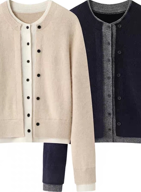 正品秋新品绵羊毛山羊绒拼接短款针织开衫假两件MBD3CAR001