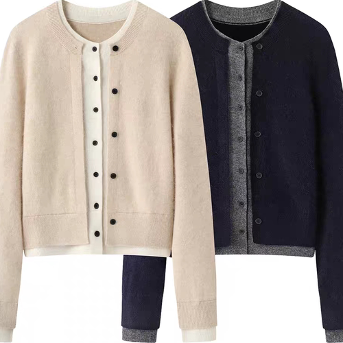 山羊绒拼接短款针织开衫