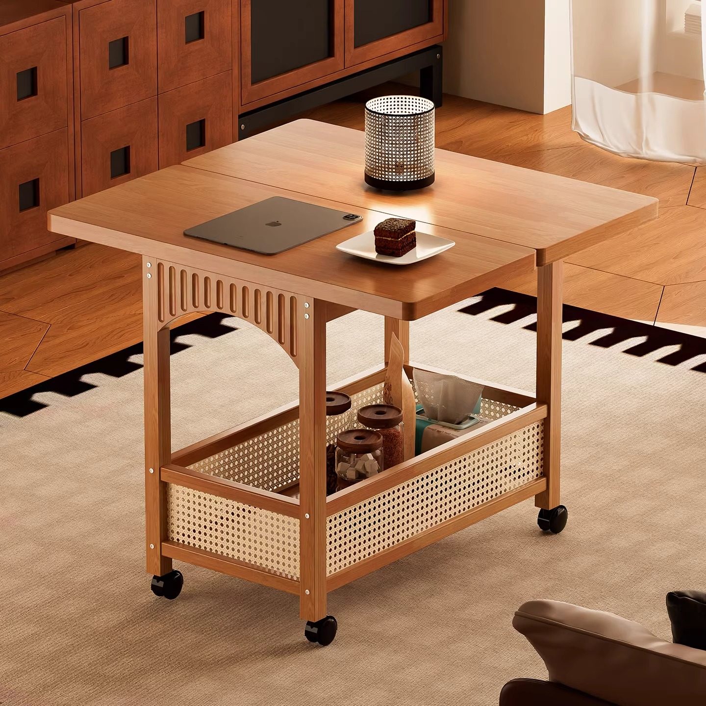 实木移动茶几客厅家用可折叠桌子小户型推车藤编沙发边几置物架子,住宅家具,折叠桌,淘宝优惠券,粉丝福利购,淘宝优惠卷