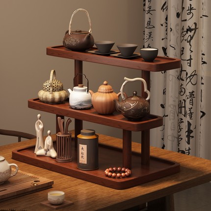 实木置物架茶室茶叶茶杯桌面收纳架中古风储物架桌上陈列展示架子