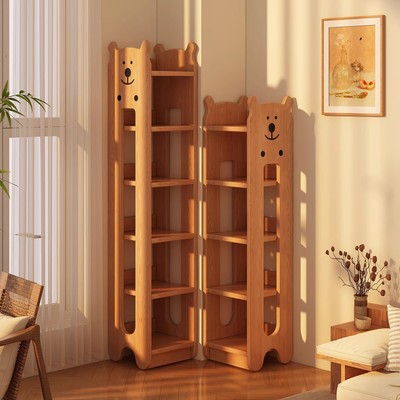 儿童书架落地置物架家用实木简易书柜一体靠墙置物架窄立柜收纳层