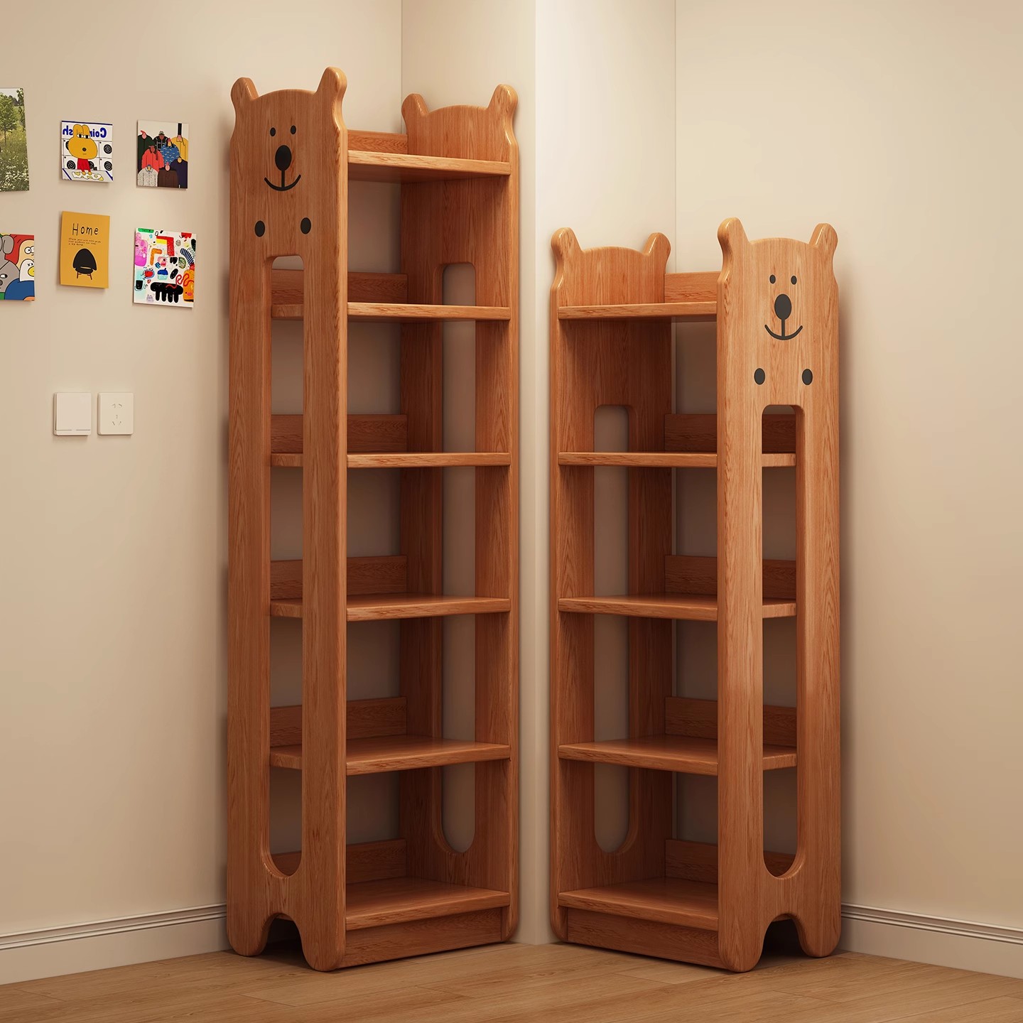 实木书架落地置物架家用墙边转角收纳窄书柜储物柜一体儿童展示柜