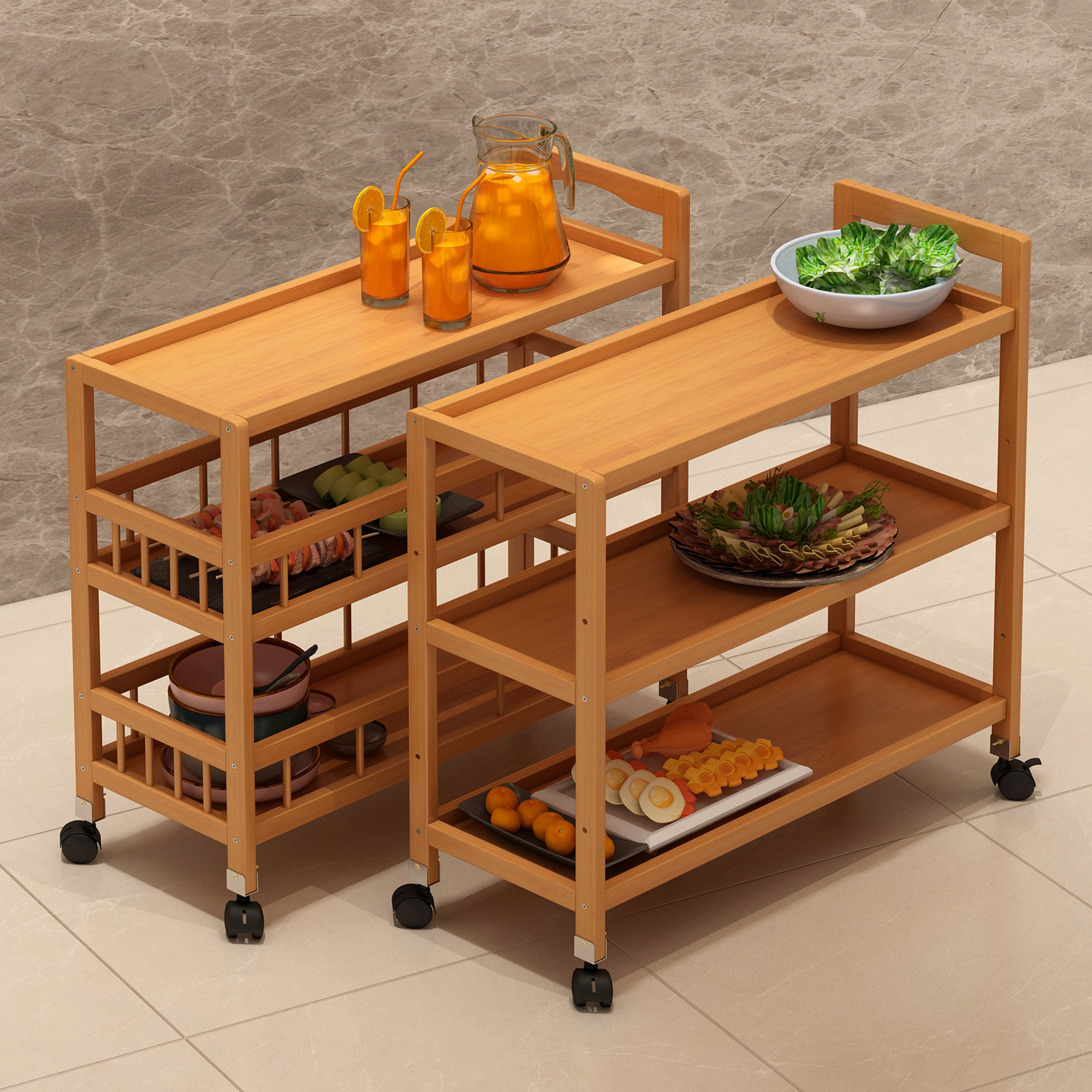 火锅菜架商用厨房多功能置物架子楠竹放菜品烧烤蔬菜餐厅三层推车