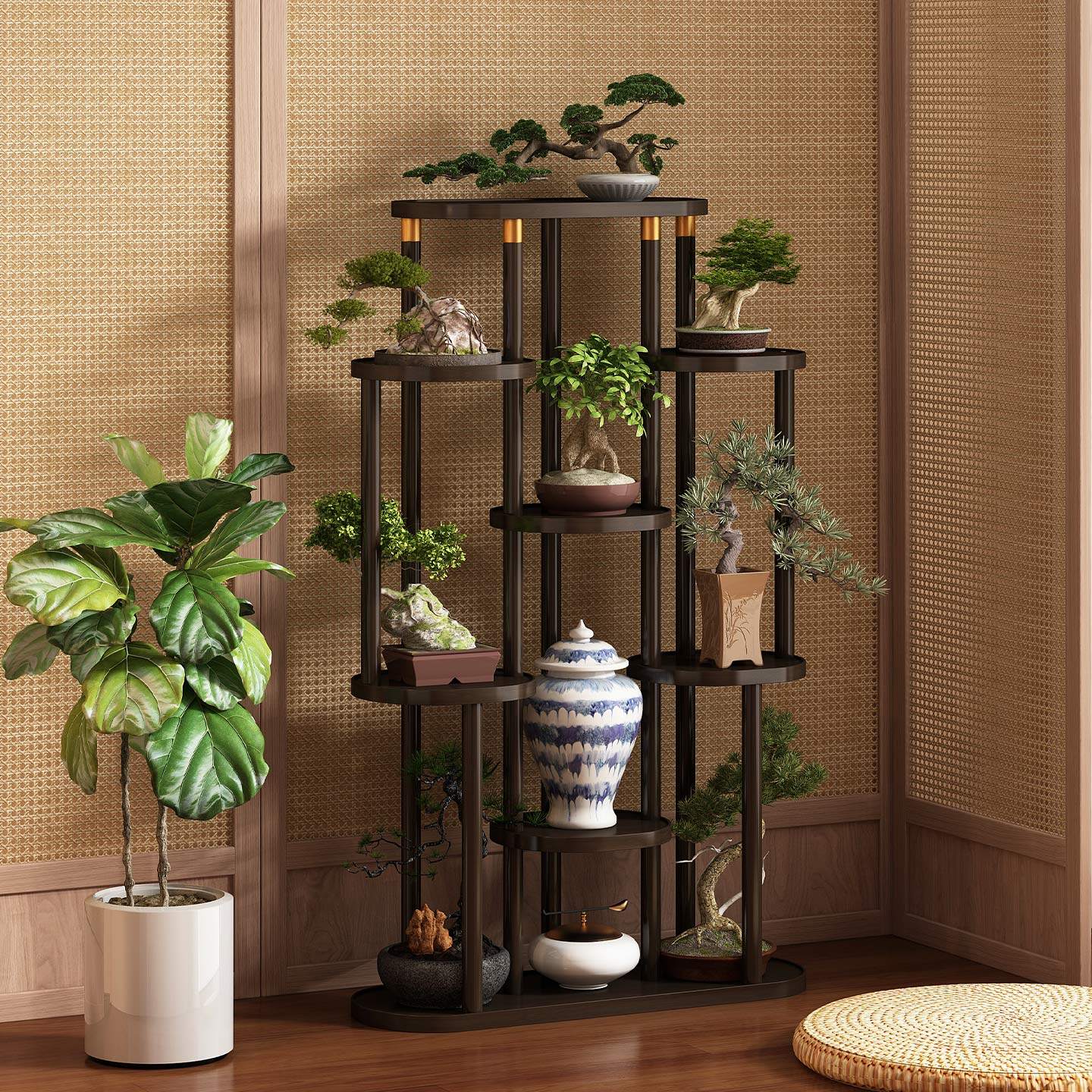 博古架实木中式置物架落地收纳架复古花架子绿植展示架多层花盆架