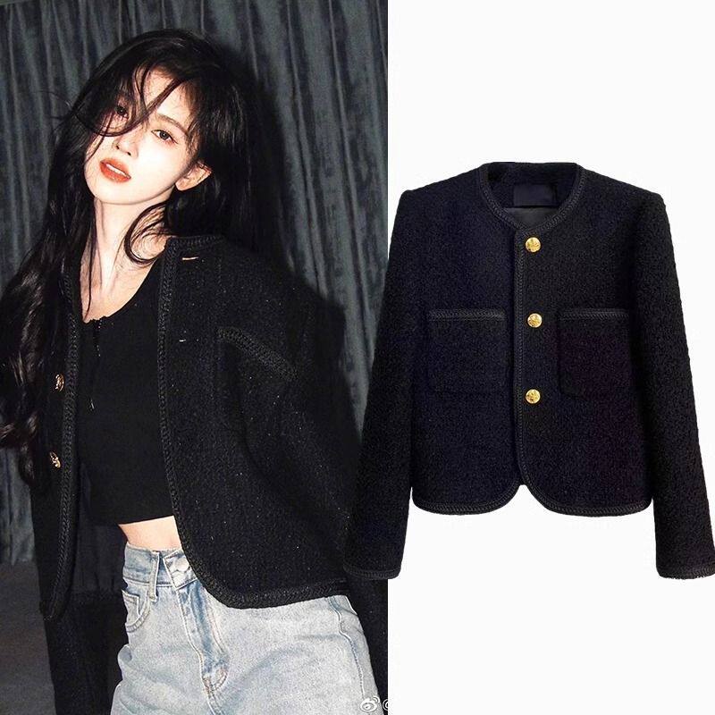 2026年春秋季女装新款黑色小香风西装女士小短款百搭毛呢外套上衣