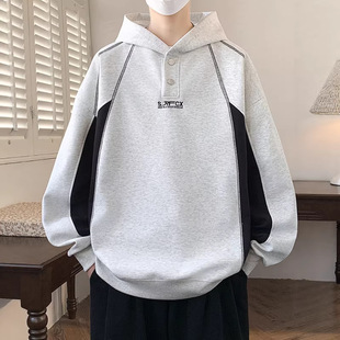 2026春季连帽卫衣学生撞色纽扣套头潮绣男装青年显瘦宽松长袖衣服