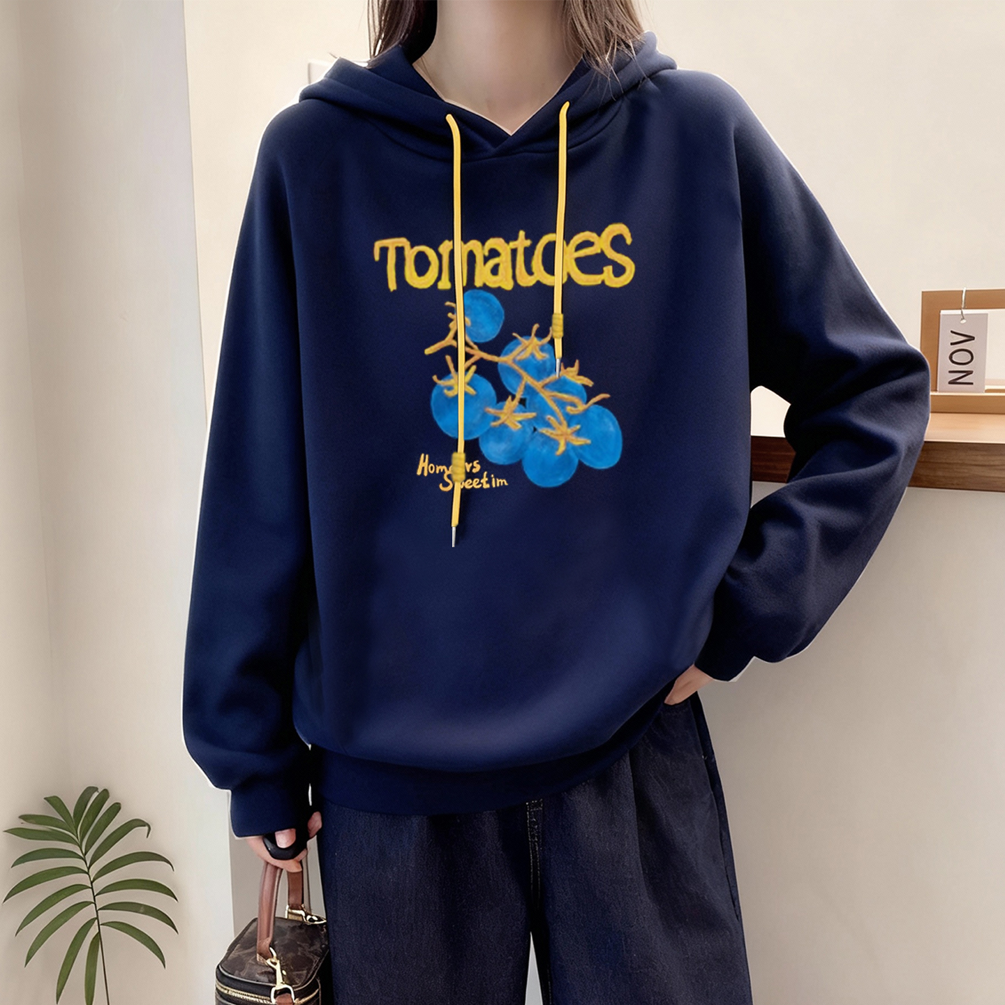 时尚印花设计感港风撞色连帽卫衣