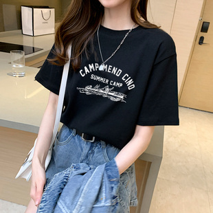 设计感小众体恤上衣ins潮 纯棉黑色短袖 t恤女2025夏季 新款 宽松半袖
