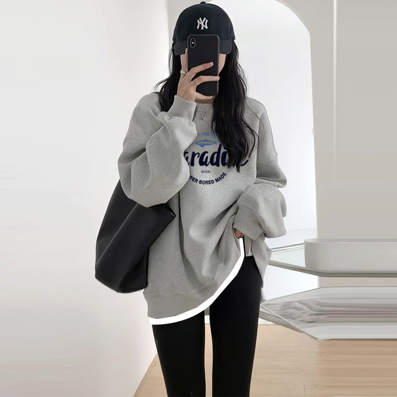 oversize中长款灰色假两件卫衣女