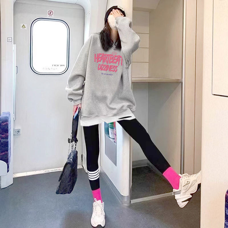 灰色甜酷字母假两件卫衣女2025秋冬新款中长款遮屁股上衣加绒外套