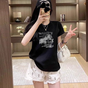 宽松显瘦设计感正肩上衣 港风印花短袖 黑色t恤女2025新款 爆款 夏季