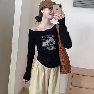 长袖 修身 t恤女黑色打底衫 新款 显瘦内搭露肩上衣 2025秋季 斜领美式