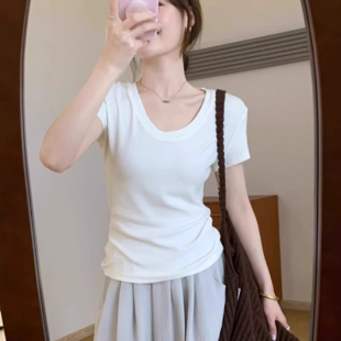 新款 韩版 2025夏季 U领弹力白色短袖 百搭上衣别致体恤 t恤女正肩修身