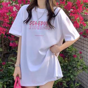 宽松大版 甜美白色中长款 新款 短袖 显瘦遮屁股上衣 t恤少女2025夏季