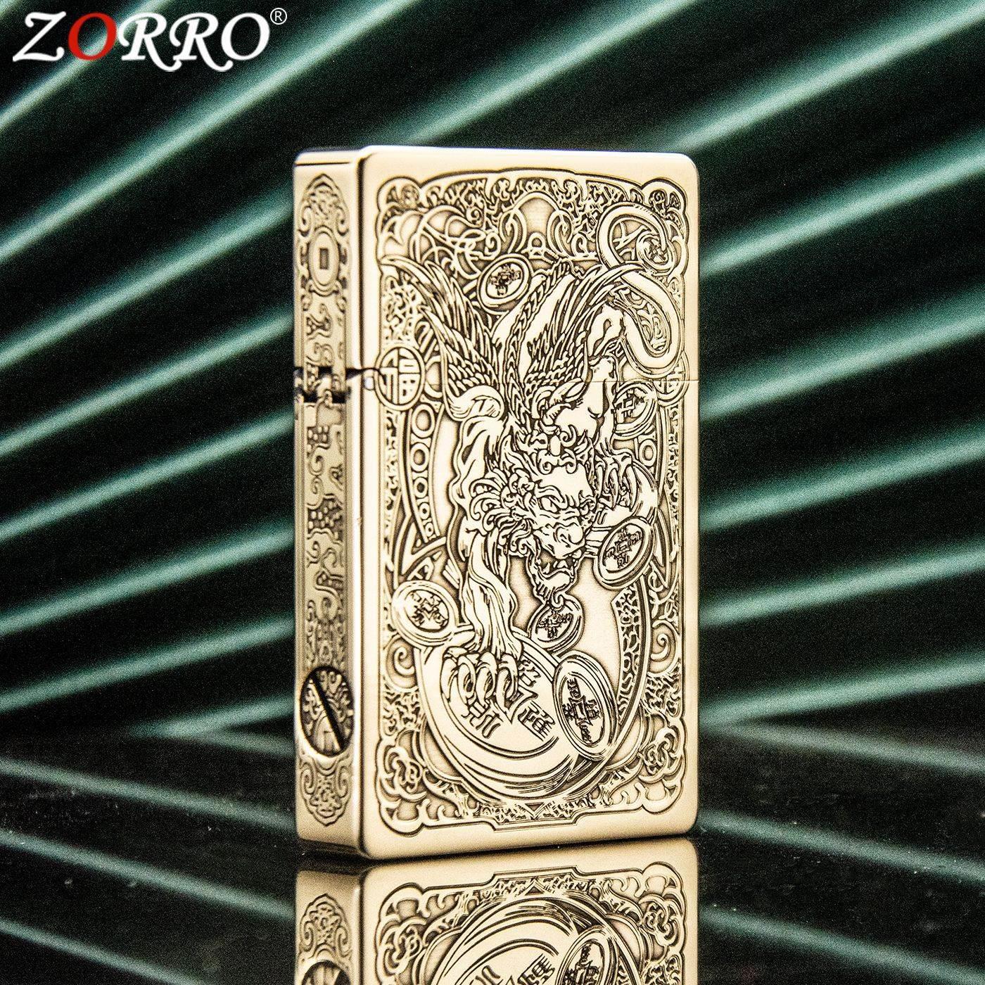 ZORRO佐罗黄铜ZL8招财貔貅煤油打火机雕刻钢音盘男个性礼