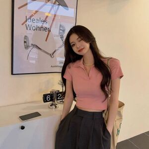 修身韩版上衣短款甜美领百搭oloT恤潮新款夏季女露脐打底衫p短袖