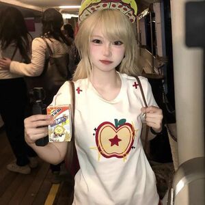 别致夏季纯棉甜辣衣服女美式正设计感t恤短袖修身风刺绣苹果肩上