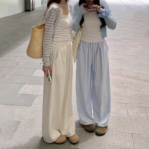 冰丝仙女运动裤感撞色宽松肌理百搭垂感新款休闲裤2025直筒阔腿裤