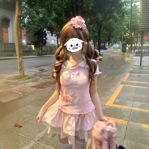甜美夏季服波点短袖蝴蝶结上衣花边软妹蛋糕裙可爱少女女儿loy2k