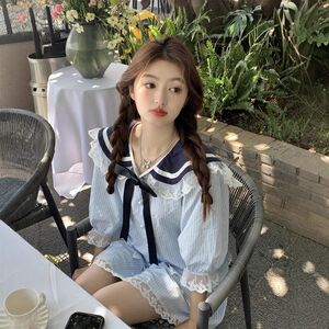 女装甜美减龄短袖衬衫领+~套装韩系半身裙撞色花边蝴蝶结实拍海军