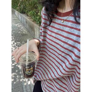 上衣秋冬红灰慵懒女打底衫新款复古韩系T恤长袖条纹宽松休闲圆领