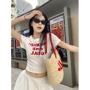 字母印花圆领短袖 韩系甜美设计感白色显瘦百搭上衣 T恤女夏季 修身