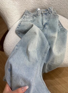 满天星烫钻牛仔裤女春季新款大尺码胖mm高腰宽松显瘦设计感直筒长